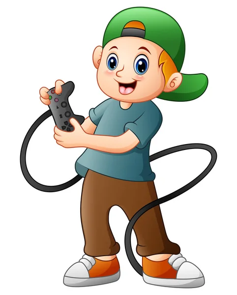 Little boy holding joystick joc — Vector de stoc