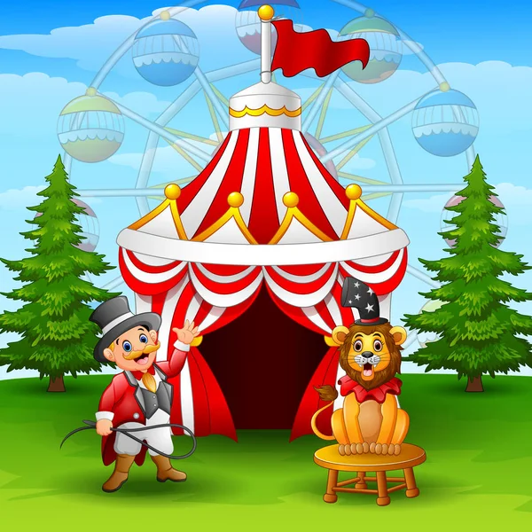 Cartoon tamer and lion on the circus tent background — Stock Vector