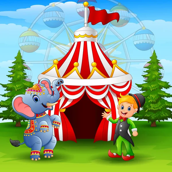 Circus elephant and green elf on the circus tent background — Stock Vector