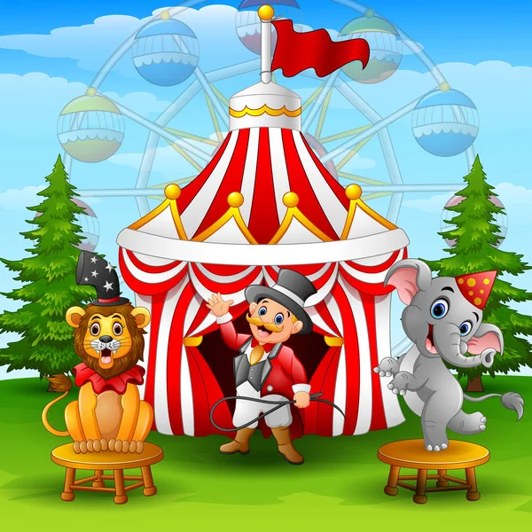 Circus elephant with lion and tamer on the circus tent background — Stock Vector
