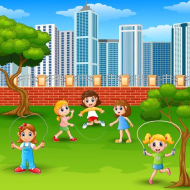 Cartoon girls playing jumping rope in the park clipart