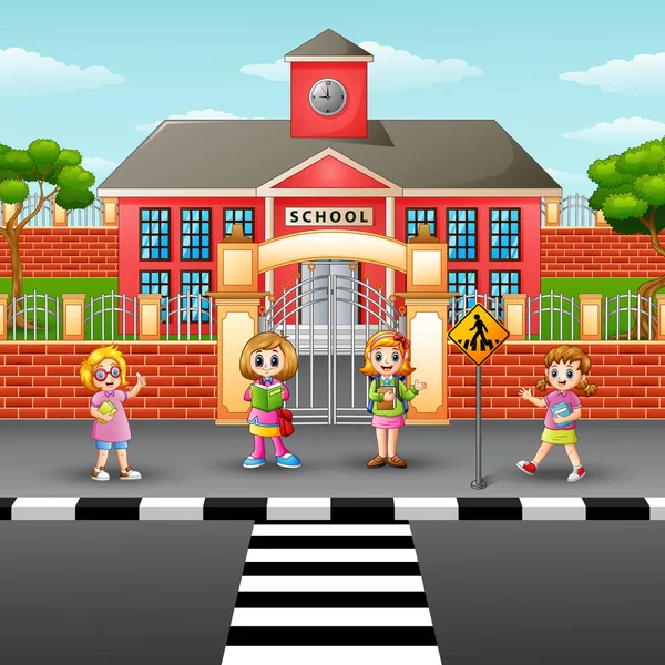Átkelés az utcán, az első a gyermekek iskolai — Stock Vector