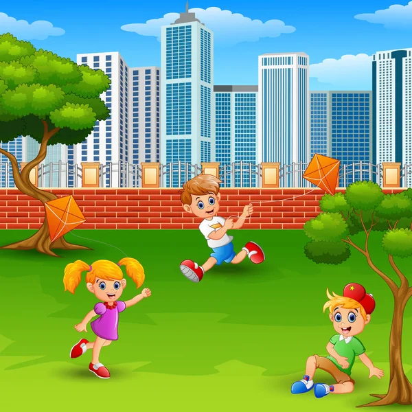 Enfants jouant aux cerfs-volants dans le parc — Image vectorielle