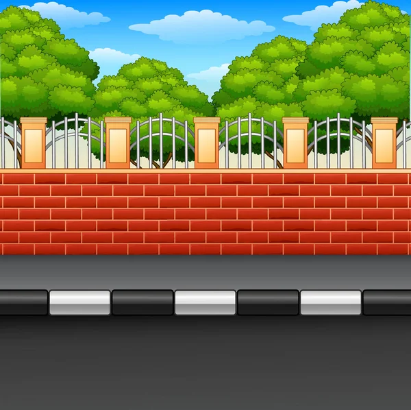 Paysage d'une rue avec clôtures en briques et plantes vertes — Image vectorielle