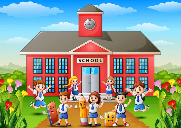 De nombreux écoliers devant les bâtiments scolaires — Image vectorielle