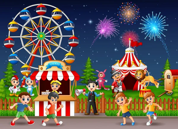 Bambini felici e lavoratori del parco divertimenti — Vettoriale Stock