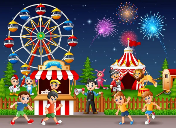 Happy children and people worker at amusement park Vector Graphics