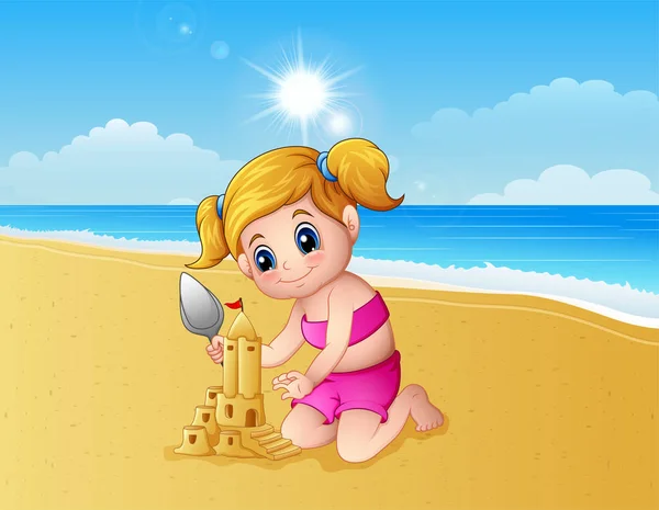 Dívka dělat hrad z písku na pláži — Stockový vektor