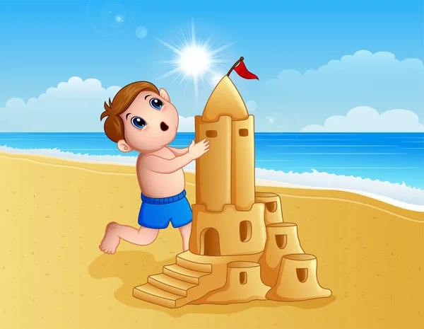 Menino fazendo um grande castelo de areia na praia —  Vetores de Stock