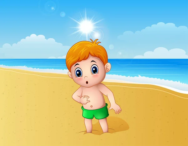 Chlapec hrající písek pomocí nohy na pláži — Stockový vektor