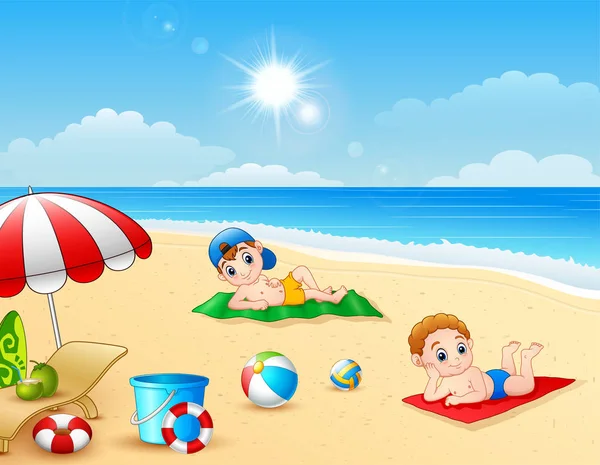 Two boy sunbathing on the beach mat — Stock Vector
