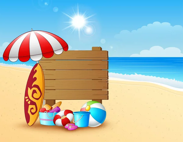 Fond de plage d'été avec panneau en bois — Image vectorielle