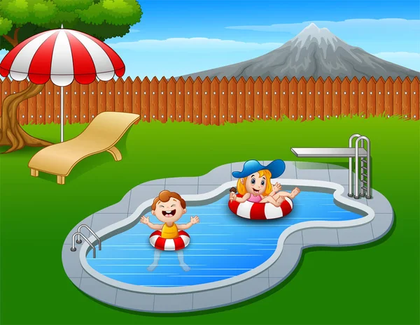 Діти плавають на надувному кільці в басейні — стоковий вектор