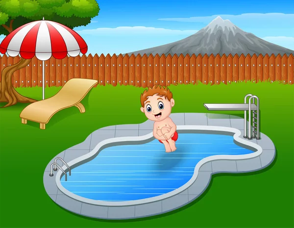 卡通男孩在游泳池里跳 — 图库矢量图片