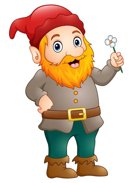 Bir çiçek tutan karikatür mutlu gnome — Stok Vektör