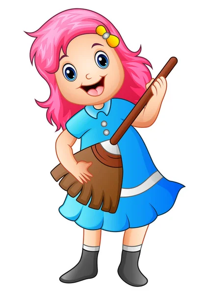 Girl playing broom and singing — Stock Vector