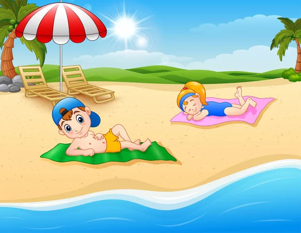 Niños tomando el sol en la alfombra de la playa — Vector de stock