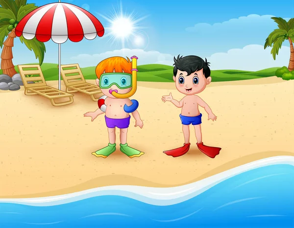 Snorkelen kids permanent op strand — Stockvector