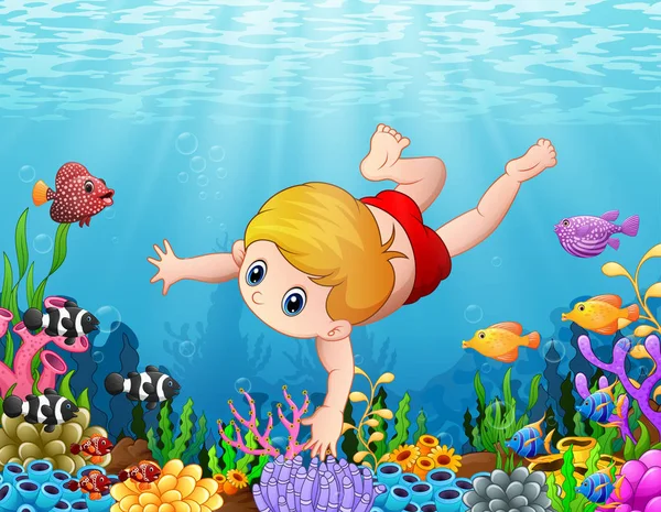 Petit garçon nageant sous la mer — Image vectorielle