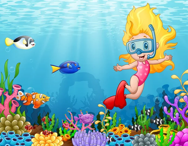 Klein meisje in de zee duiken — Stockvector