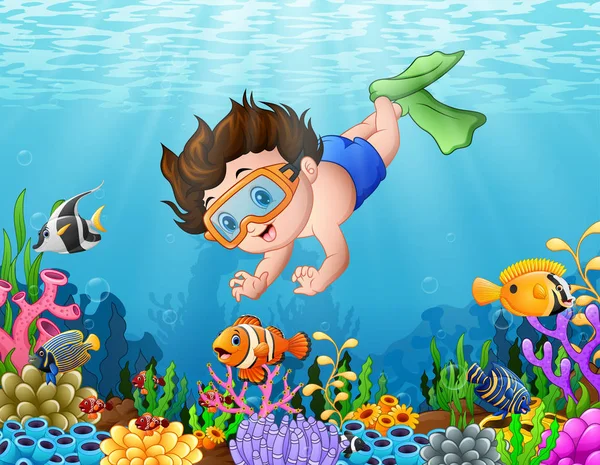 Niño buceando en el mar — Vector de stock