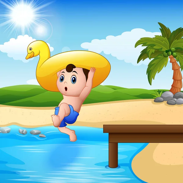 Niño saltando en un agua con pato inflable — Vector de stock