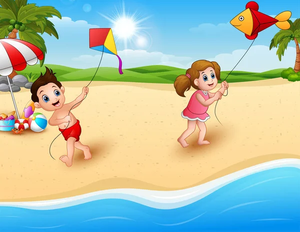 ビーチで、凧を遊んでいる子供たち — ストックベクタ