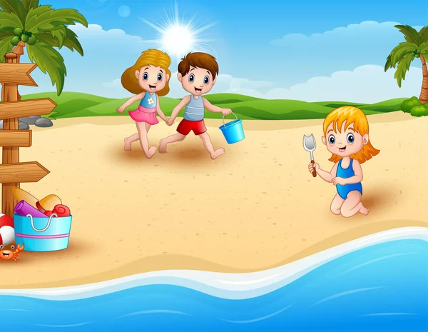 Niños jugando en la playa — Vector de stock