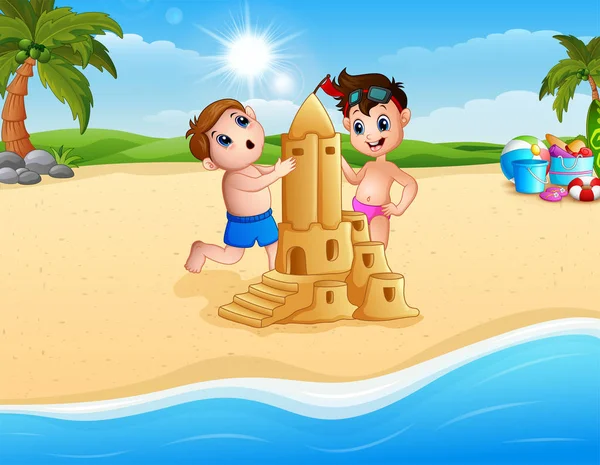 ビーチで砂の城を作る 2 つの少年 — ストックベクタ
