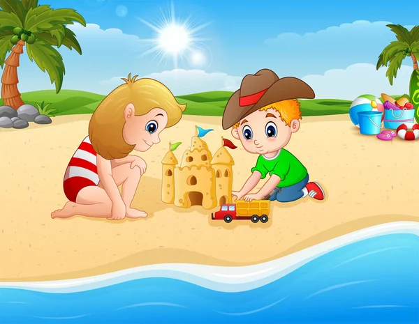 Crianças fazendo castelo de areia e caminhão brinquedo —  Vetores de Stock