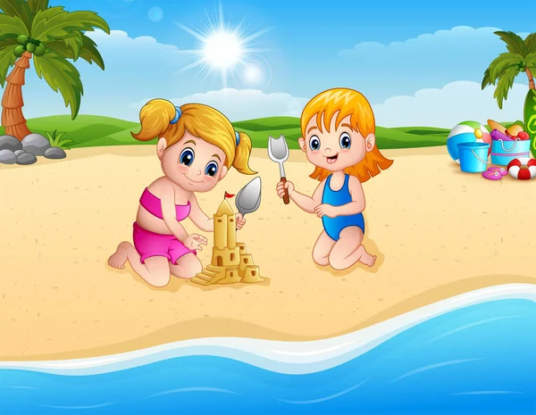 Two girl making sand castle with shovel — Stock Vector