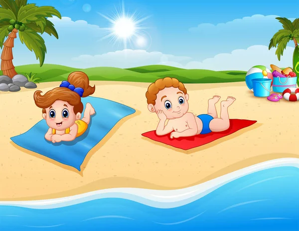 Children sunbathing on the beach mat — Stock Vector