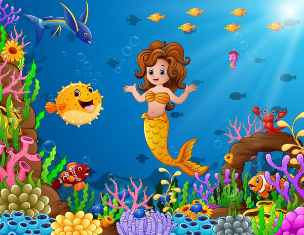 Karikatur Meerjungfrau unter Wasser — Stockvektor