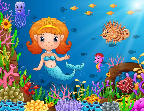 Tekenfilm de kleine zeemeermin onderwater — Stockvector