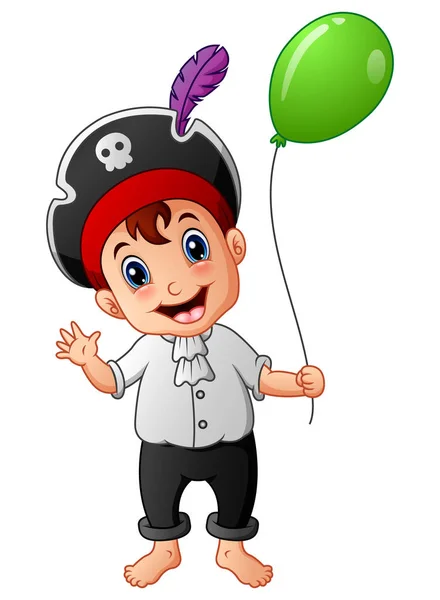 Karikatur kleiner Pirat mit grünem Luftballon — Stockvektor