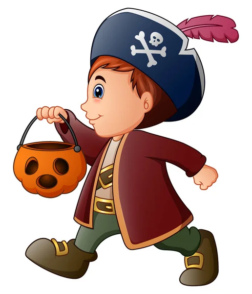 Halloween pequeño pirata con cesta de calabaza — Vector de stock