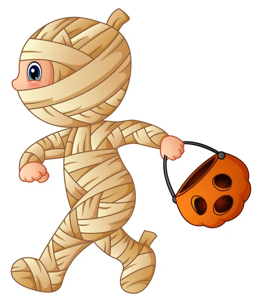 Cartone animato piccola mummia con cesto di zucca — Vettoriale Stock