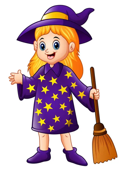 Cartoon petite sorcière tenant balai — Image vectorielle