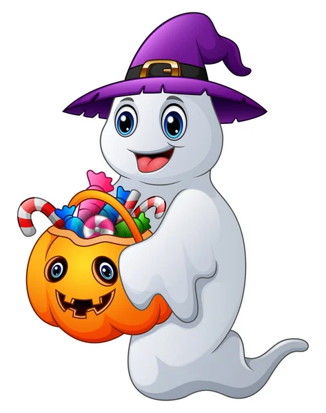 Halloween fantômes détient sac de citrouille bonbons pleins — Image vectorielle