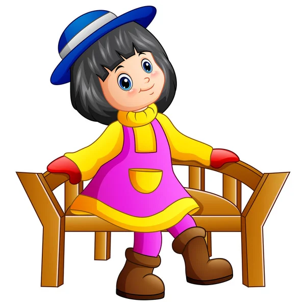 Vacker liten flicka sitter på träbänk — Stock vektor