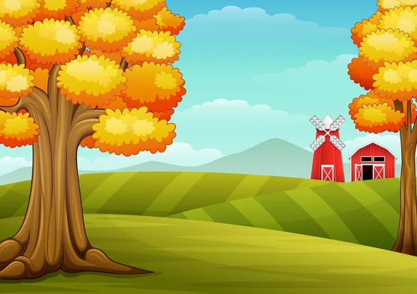 Árboles de otoño en el paisaje agrícola con granero y molino de viento — Vector de stock