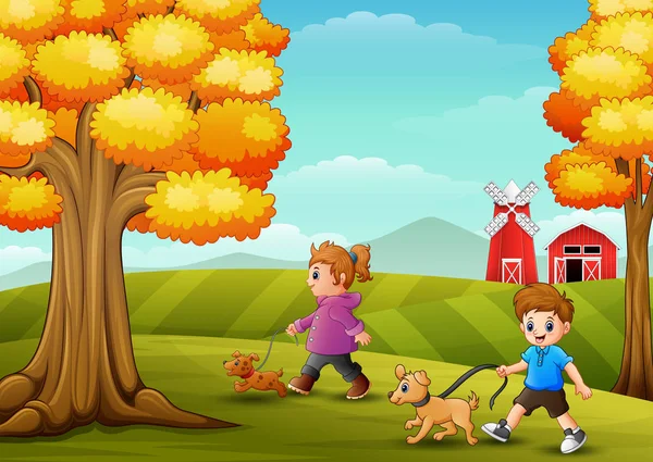 Niña y niño caminando con sus perros en el fondo de la granja — Vector de stock