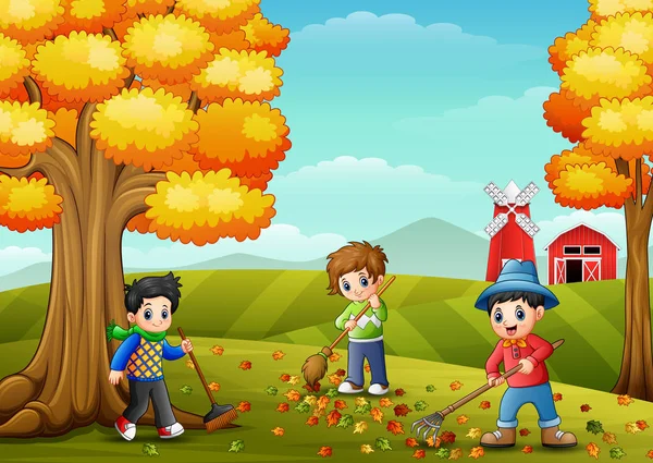 Діти грабують листя на подвір'ї ферми під час осіннього сезону — стоковий вектор