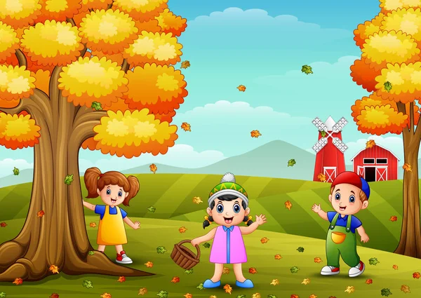 Mutlu çocuklar çiftlik peyzaj ahşap sepeti ile oyun — Stok Vektör