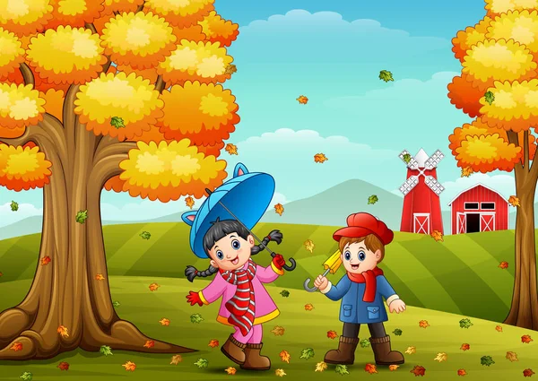 Mezőgazdasági táj őszi játszó gyerekek — Stock Vector