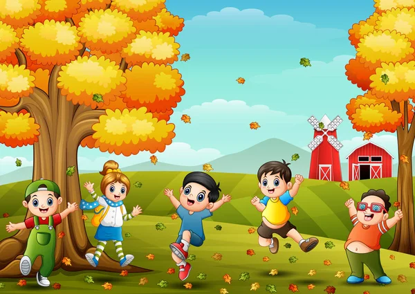 Bambini felici che giocano nel paesaggio agricolo in autunno — Vettoriale Stock