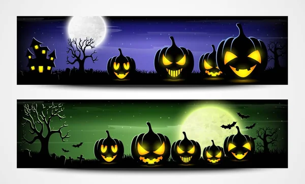 Bannières de nuit d'Halloween avec des citrouilles effrayantes — Image vectorielle