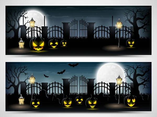 Bannières de nuit d'Halloween avec des citrouilles effrayantes — Image vectorielle