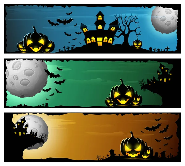 Joyeux Halloween bannière sertie de citrouilles effrayantes et château — Image vectorielle