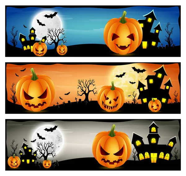 Buon Halloween banner con zucche spaventose — Vettoriale Stock